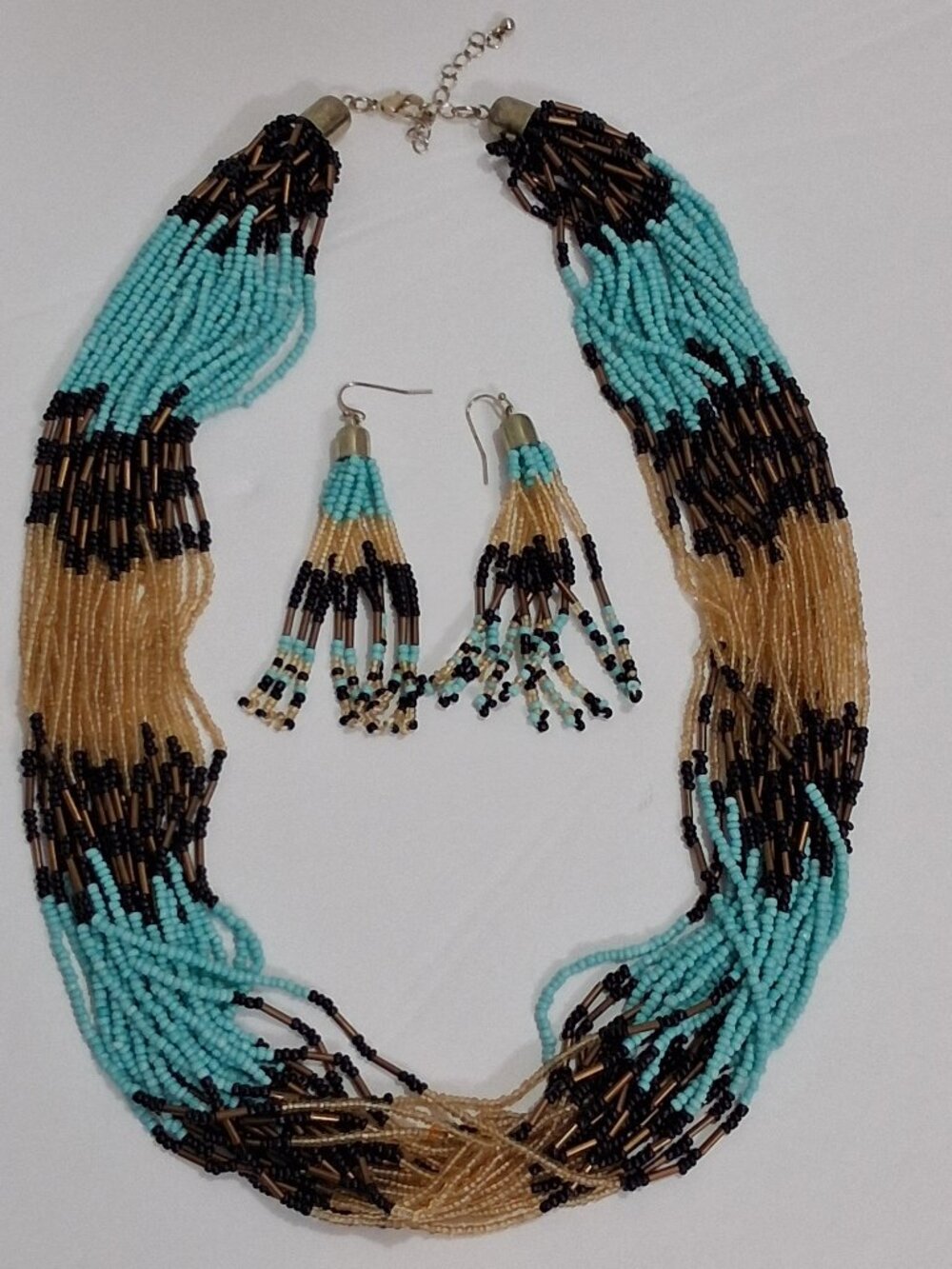 Beaded Necklace Drop Earrings Set Brown Blue